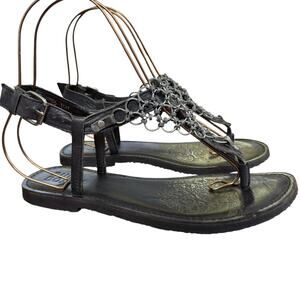 Bull Boxer Annalise Chain Black Leather Thongs Sandals T-Strap Shoes Gothic 10